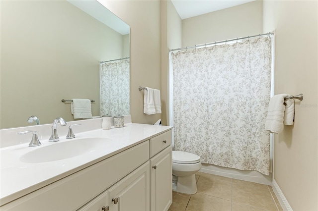 full bathroom with shower / tub combo, tile patterned flooring, vanity, and toilet