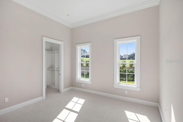 unfurnished bedroom featuring light carpet, a closet, multiple windows, and ornamental molding