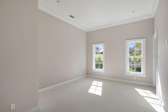 carpeted spare room featuring crown molding