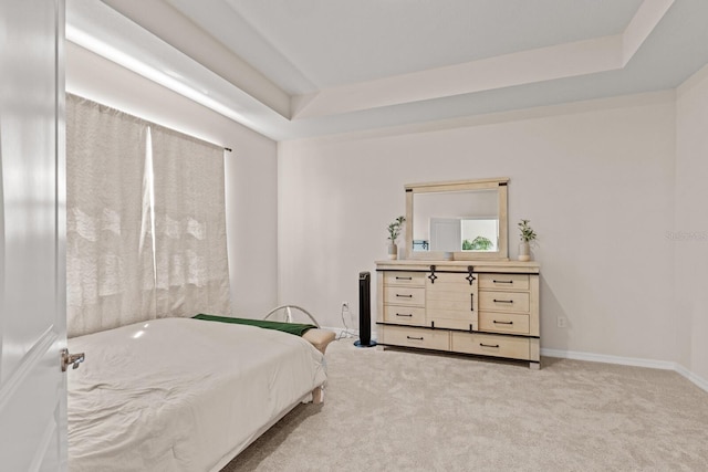 carpeted bedroom with a tray ceiling