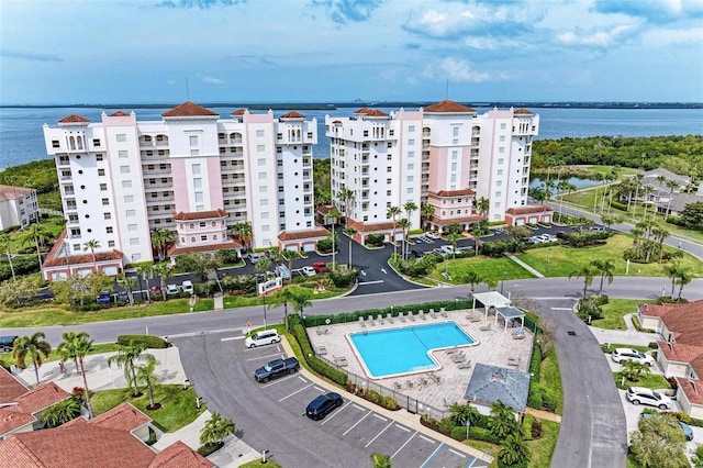 aerial view featuring a water view