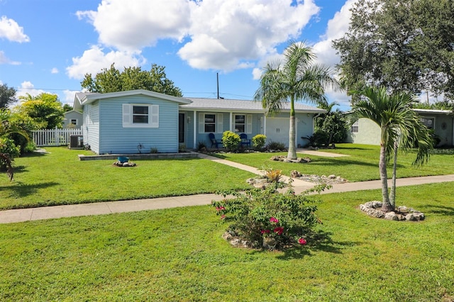 single story home with a front yard and central air condition unit