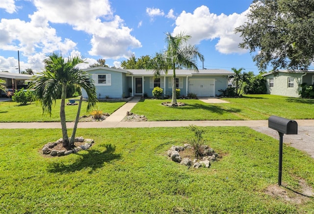 single story home featuring a garage and a front yard