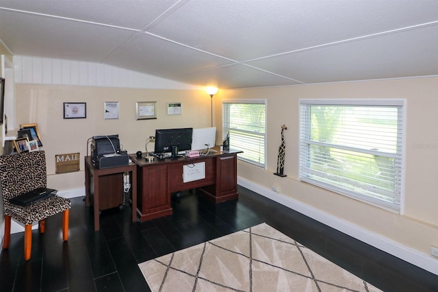 office space featuring lofted ceiling and dark hardwood / wood-style floors