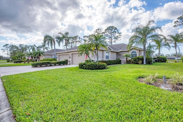 ranch-style house featuring a garage and a front lawn