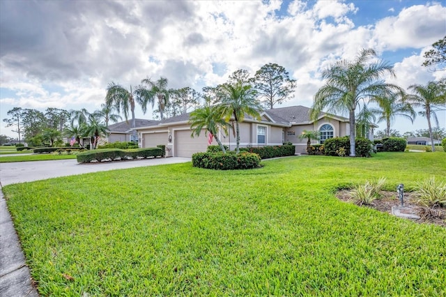 5092 Mahogany Run Ave, Sarasota, FL 34241 - ranch-style home featuring concrete driveway, an attached garage, a front yard, and stucco siding