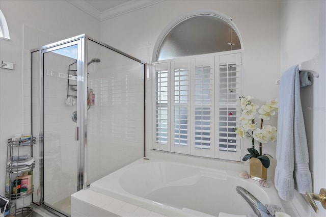 bathroom with independent shower and bath and ornamental molding