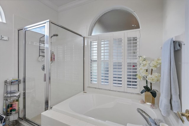 5092 Mahogany Run Ave, Sarasota, FL 34241 - full bathroom featuring ornamental molding, a stall shower, a bath, and healthy amount of natural light