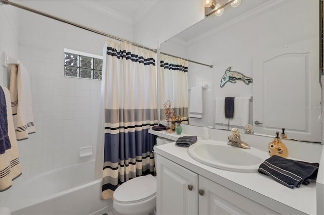 full bathroom featuring toilet, vanity, shower / bath combo with shower curtain, and crown molding