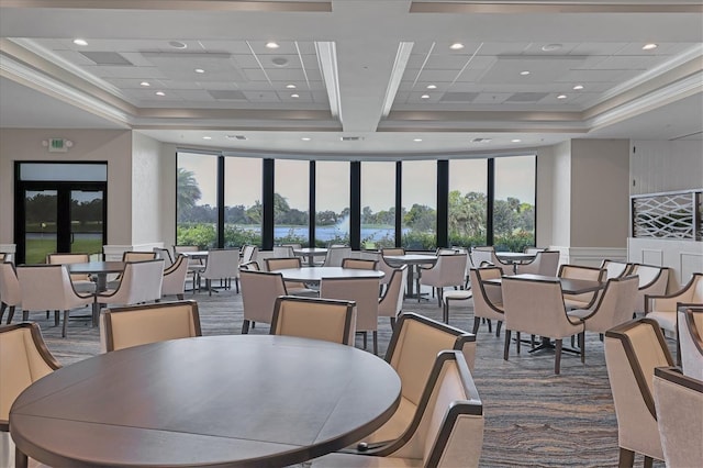 5092 Mahogany Run Ave, Sarasota, FL 34241 - carpeted dining room with coffered ceiling, recessed lighting, and a high ceiling