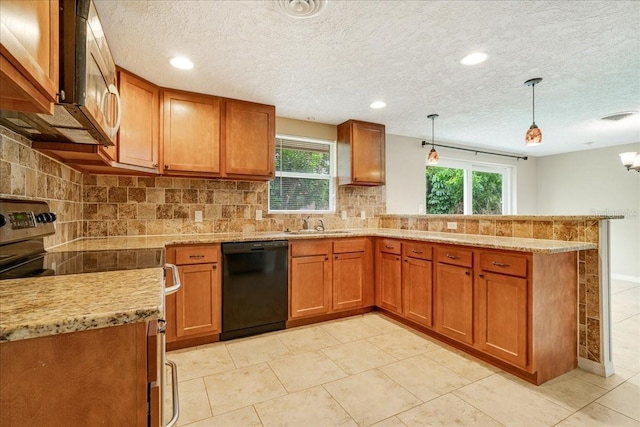 kitchen with pendant lighting, kitchen peninsula, dishwasher, stainless steel electric range oven, and decorative backsplash