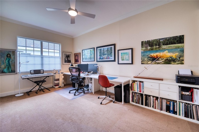 office area with crown molding, ceiling fan, and light colored carpet