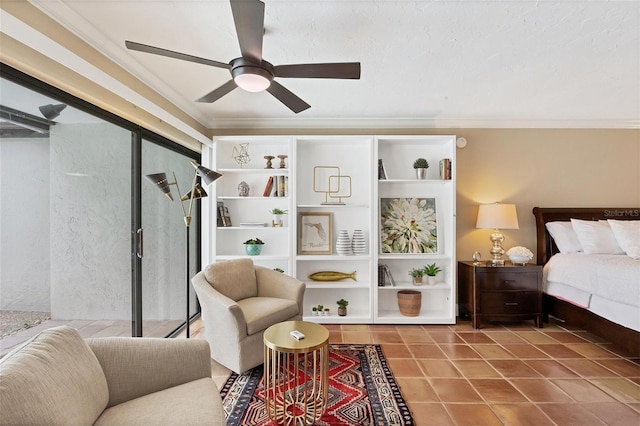 tiled bedroom with ceiling fan and crown molding