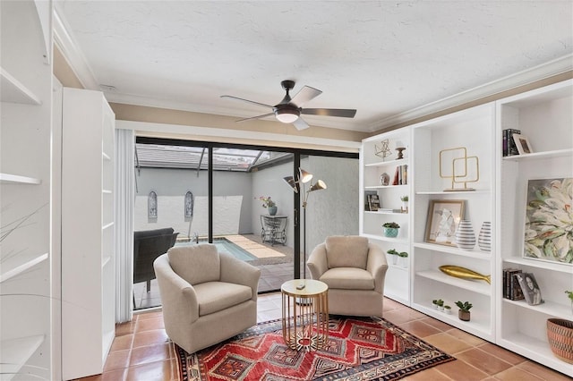 living area with ornamental molding, a textured ceiling, and tile patterned floors