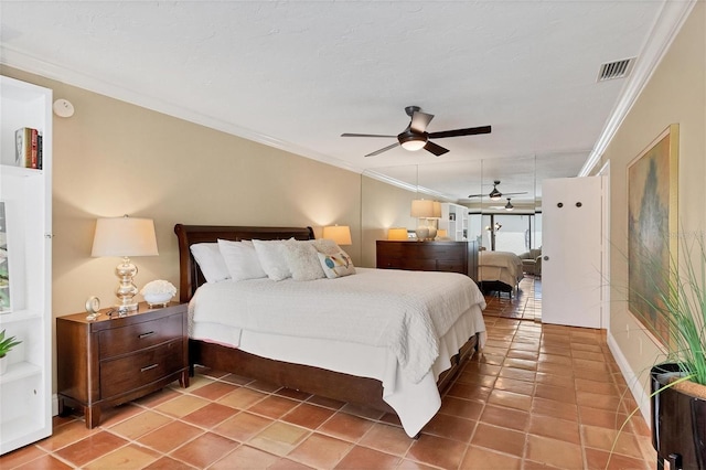 bedroom with a ceiling fan, light tile patterned flooring, visible vents, and crown molding