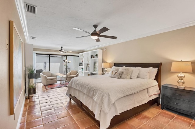 tiled bedroom with a ceiling fan, visible vents, and crown molding