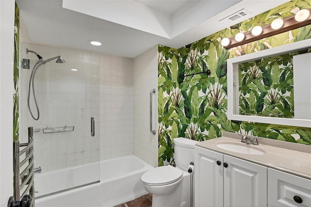 full bath with visible vents, combined bath / shower with glass door, toilet, and wallpapered walls