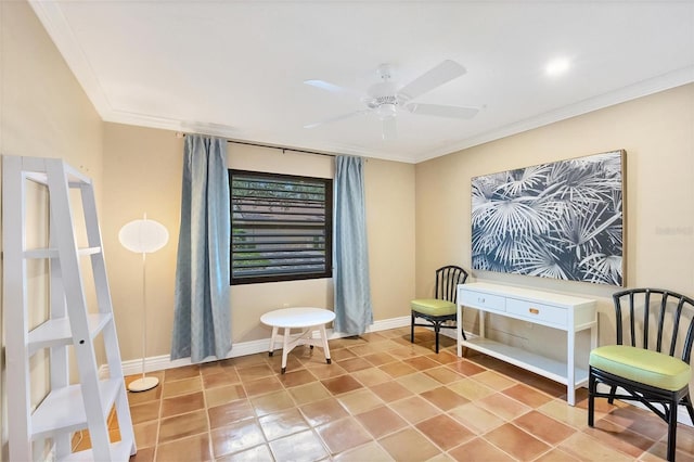 living area featuring ornamental molding, ceiling fan, baseboards, and light tile patterned floors