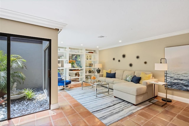 tiled living area featuring baseboards, visible vents, built in features, and crown molding