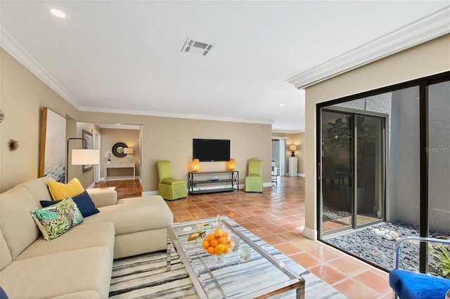 tiled living area with ornamental molding, recessed lighting, visible vents, and baseboards