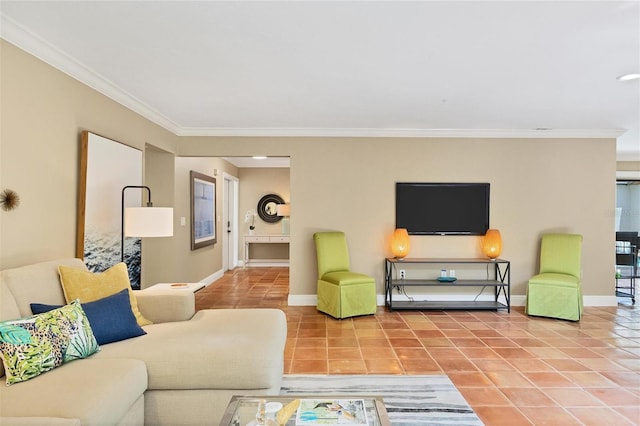 living area with ornamental molding, baseboards, and tile patterned floors