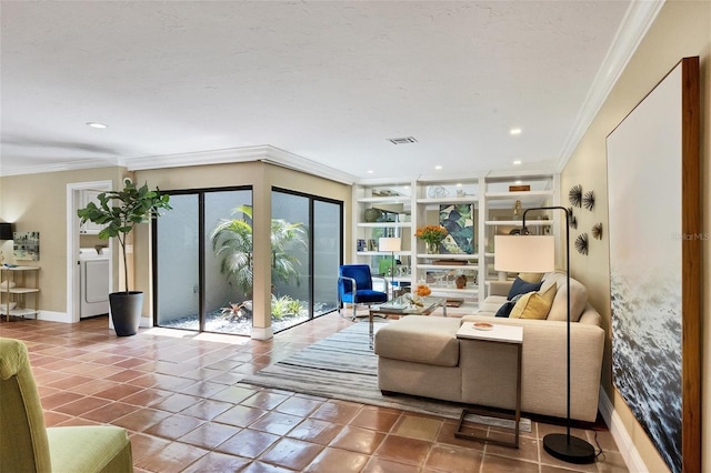 tiled living room featuring washer / dryer, baseboards, visible vents, crown molding, and built in shelves