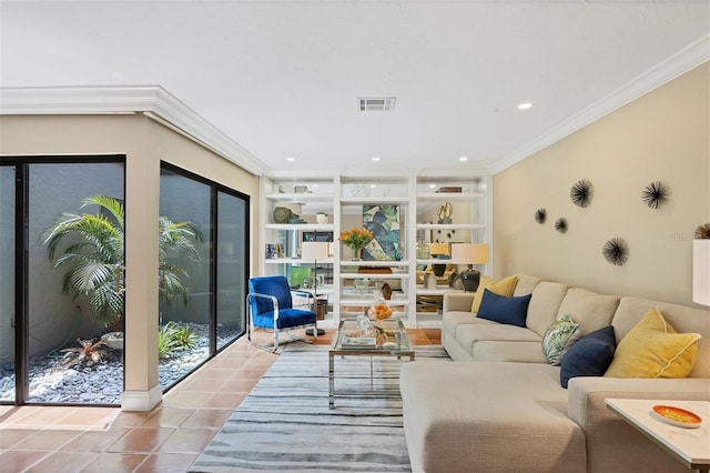 living area with recessed lighting, visible vents, crown molding, and light tile patterned flooring