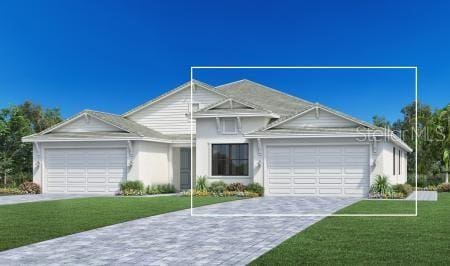 ranch-style house with an attached garage, a front lawn, stucco siding, and driveway