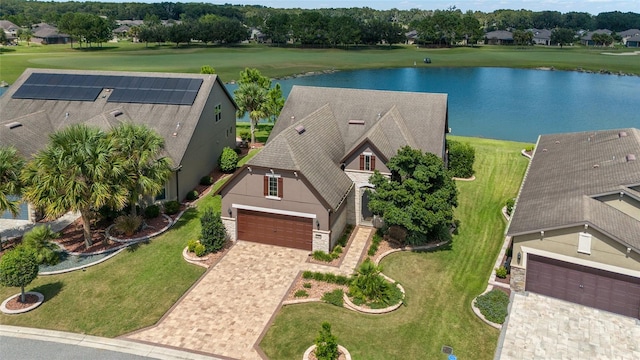 aerial view featuring a water view