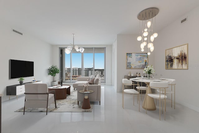 dining room with an inviting chandelier, floor to ceiling windows, and light tile patterned floors