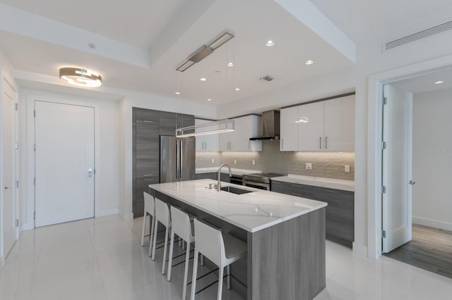 kitchen featuring sink, an island with sink, white cabinets, wall chimney range hood, and appliances with stainless steel finishes