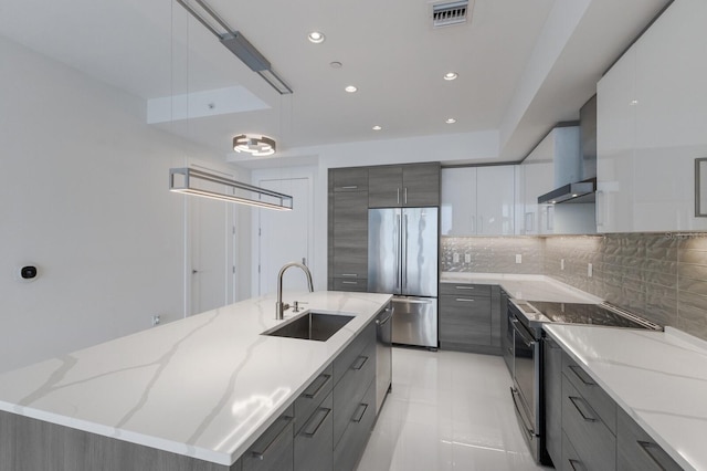 kitchen with sink, decorative light fixtures, a kitchen island with sink, white cabinetry, and appliances with stainless steel finishes