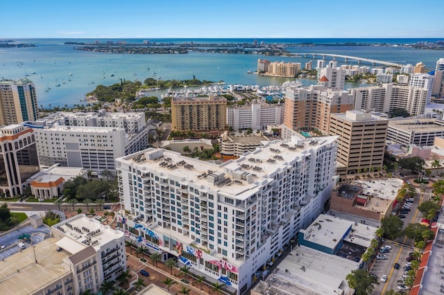 aerial view featuring a water view