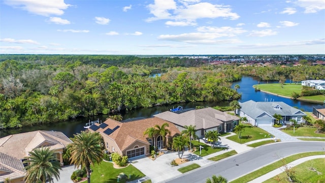 bird's eye view with a water view