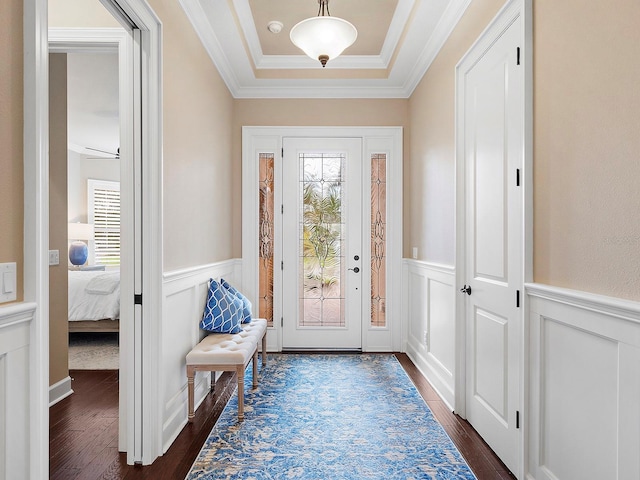 entryway featuring crown molding, a tray ceiling, and dark hardwood / wood-style floors