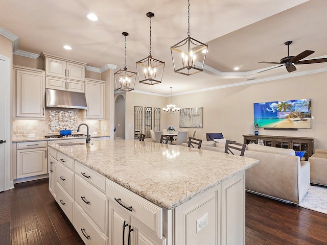 kitchen featuring hanging light fixtures, a center island with sink, dark hardwood / wood-style flooring, and sink