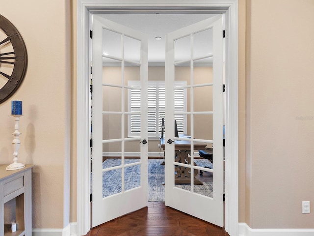 interior details with french doors and wood-type flooring