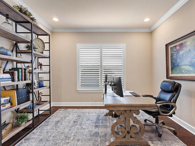 home office with dark hardwood / wood-style floors and ornamental molding