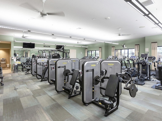 workout area featuring light carpet and ceiling fan