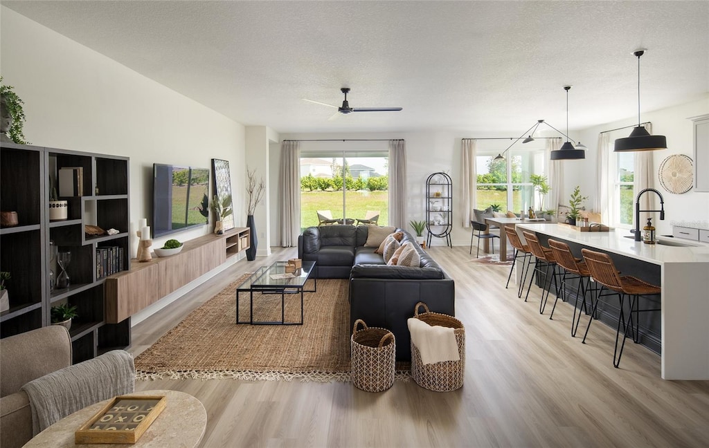 living room with a textured ceiling, light hardwood / wood-style floors, ceiling fan, and sink