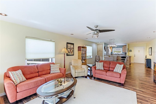 living room with ceiling fan and hardwood / wood-style flooring