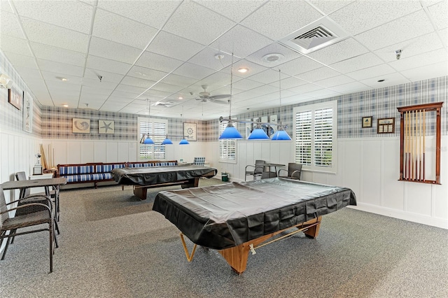 recreation room featuring pool table, a drop ceiling, carpet flooring, and ceiling fan