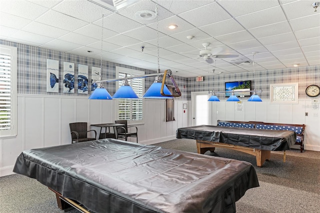 recreation room featuring ceiling fan, a drop ceiling, pool table, and carpet