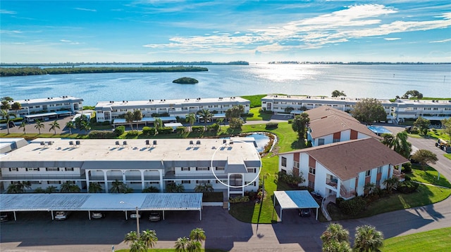 aerial view featuring a water view