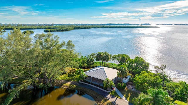 aerial view featuring a water view