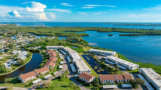 bird's eye view with a water view