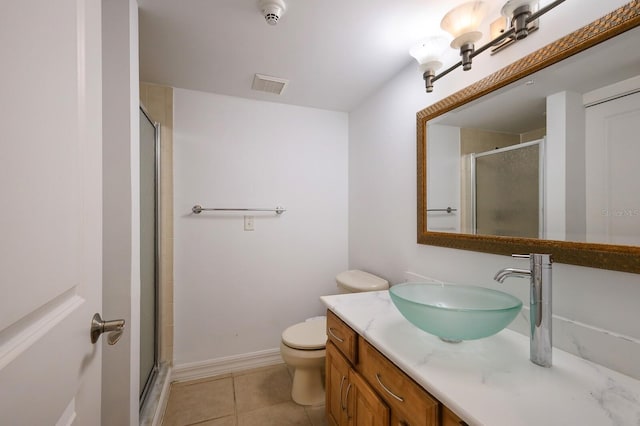 bathroom featuring vanity, tile patterned flooring, toilet, and a shower with door