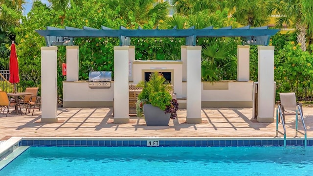 view of pool with area for grilling, a grill, and a patio area