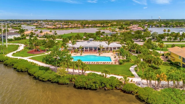 bird's eye view with a water view