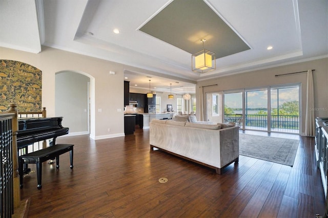 living room with dark wood-type flooring, crown molding, and a raised ceiling